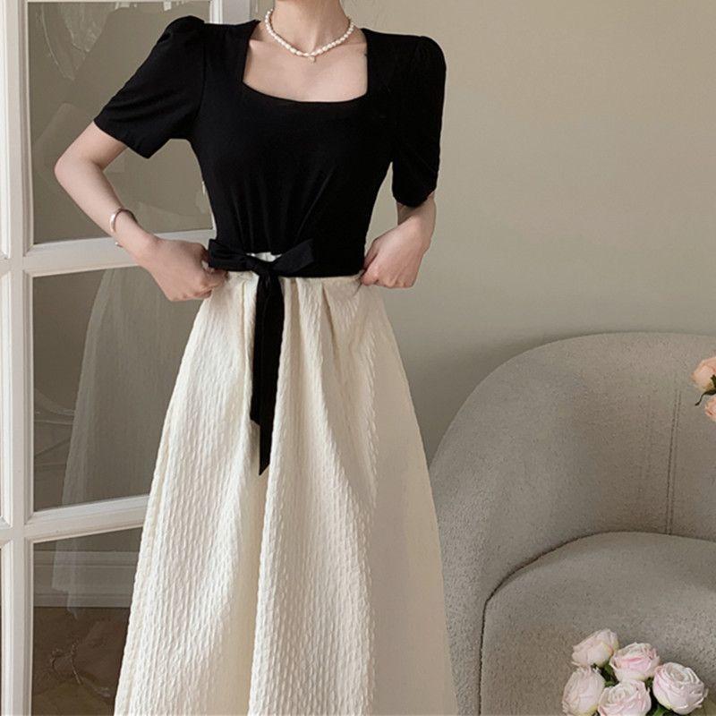 Large size women's clothing temperament splicing waist A-word skirt medium and long summer belly cover dress spring and summer