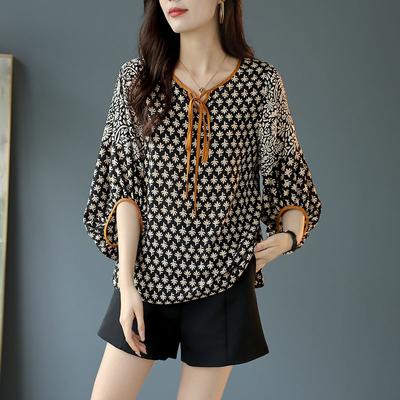 Fashion Summer New Printed Chiffon Shirt Korean Minimalist Commuter Half Sleeve Lace Up Bottoming Blouse M-4XL