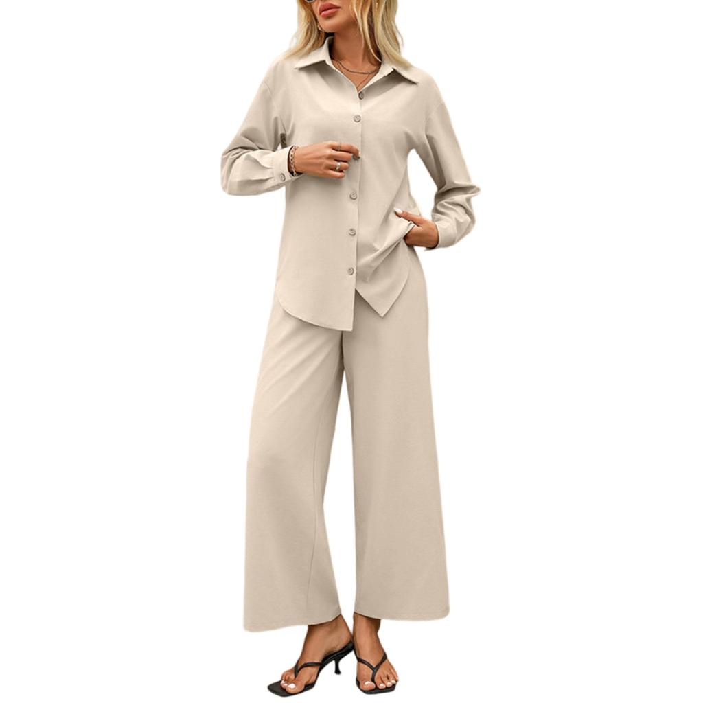 Dam Lös Casual Vårkofta Långärmad Skjorta Vida Ben Byxor Tvådelat Set