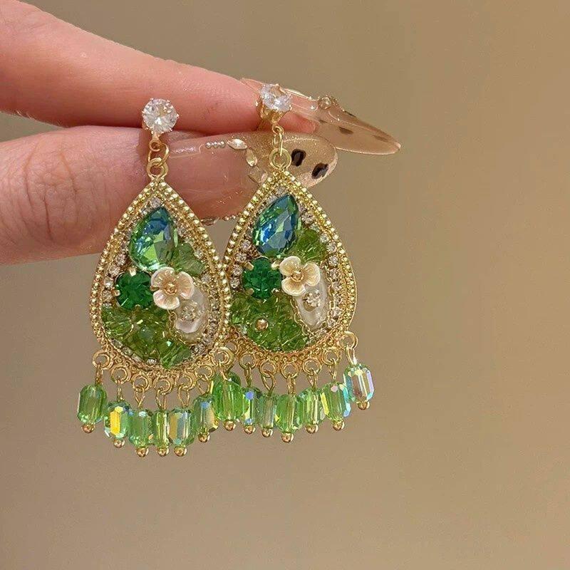 Medieval Silver Needle with Diamond Resin Water Drop Flower Fringed Stud Earrings Retro Ethnic Style Earrings Design Sense Niche Earrings
