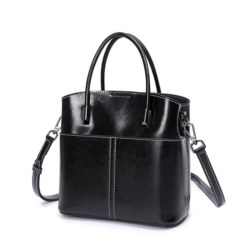 Bolsa Balde de Couro Genuíno Casual Simples Bolsa de Mão Feminina de Ombro Transversal