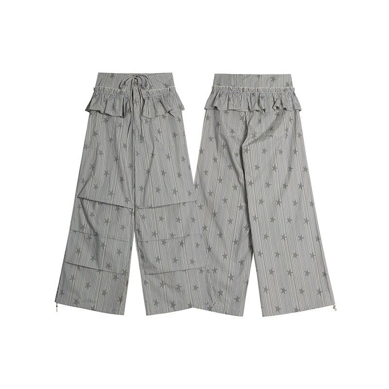 

Summer Casual Pleated Striped Stars Full Print Overalls Women s Wide Leg Mopping Belt Dancing Pants 2XL серый