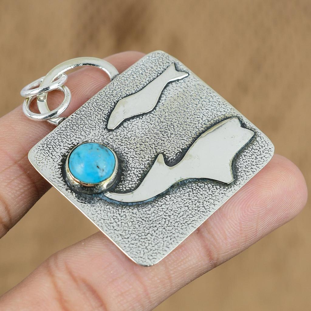 Round Natural Tibetan Turquoise No Stone 925 Sterling Silver Handcrafted Pendant