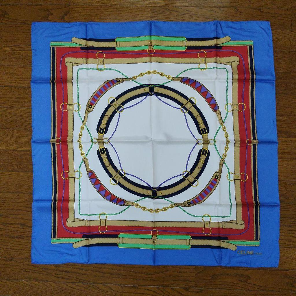 Used CELINE Scarf Bandana Belt Pattern Large Scarf Blue Red White
