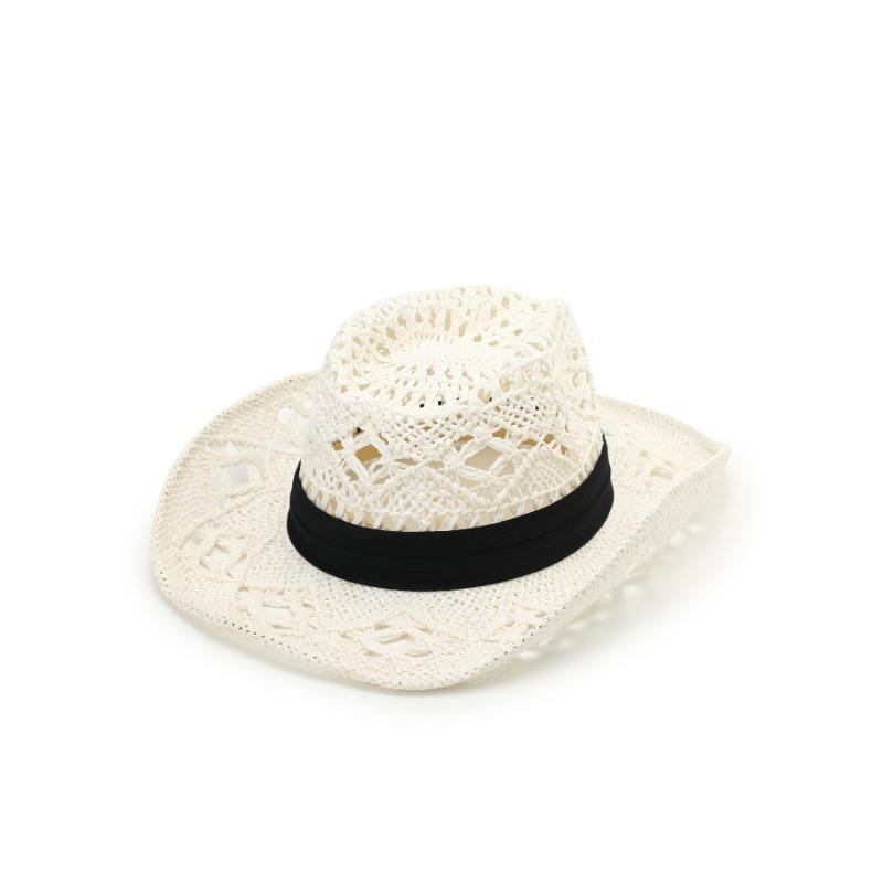 New hat hand-woven natural grass denim hat hollow strap top hat