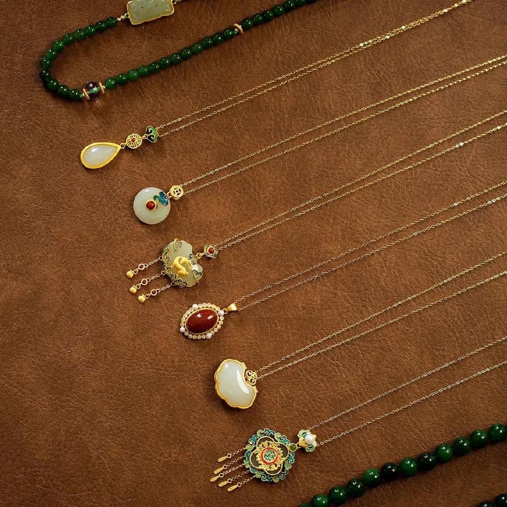 Chinesische Geometrische Stein- & Perlenkette: Retro High-End Schlüsselbeinkette, Vielseitiger Schmuck im antiken Stil