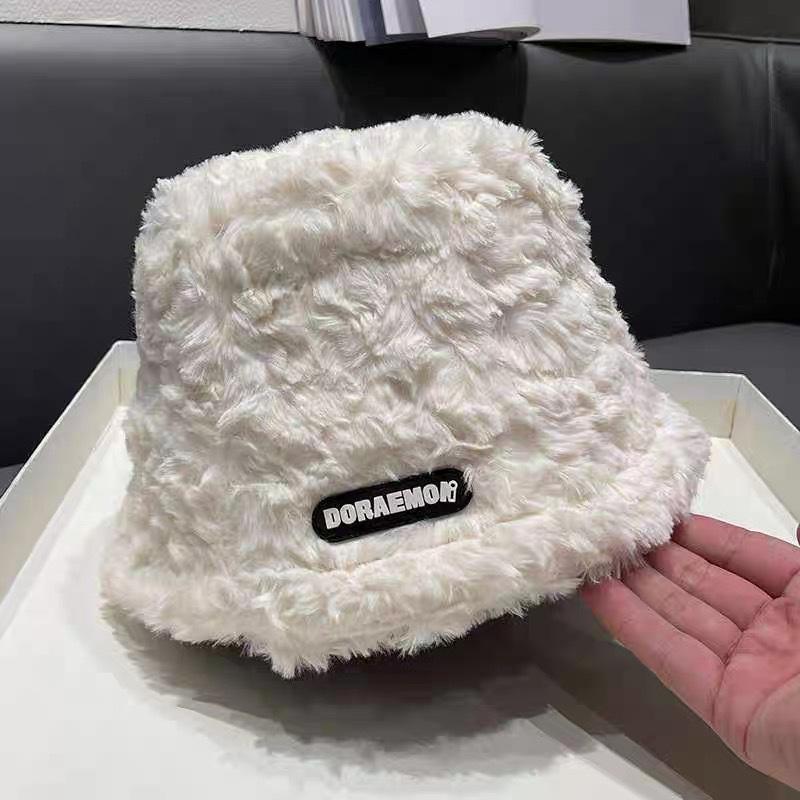 White plush fisherman's hat children's autumn and winter new thickened plush warm bucket hat temperament versatile plain basin hat