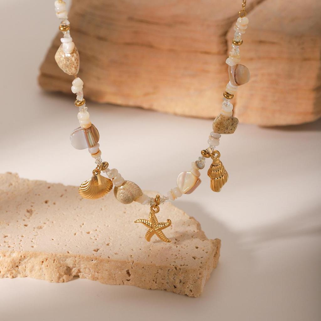 Stainless Steel Shell & Starfish Pendant Necklace - Summer Ocean Style