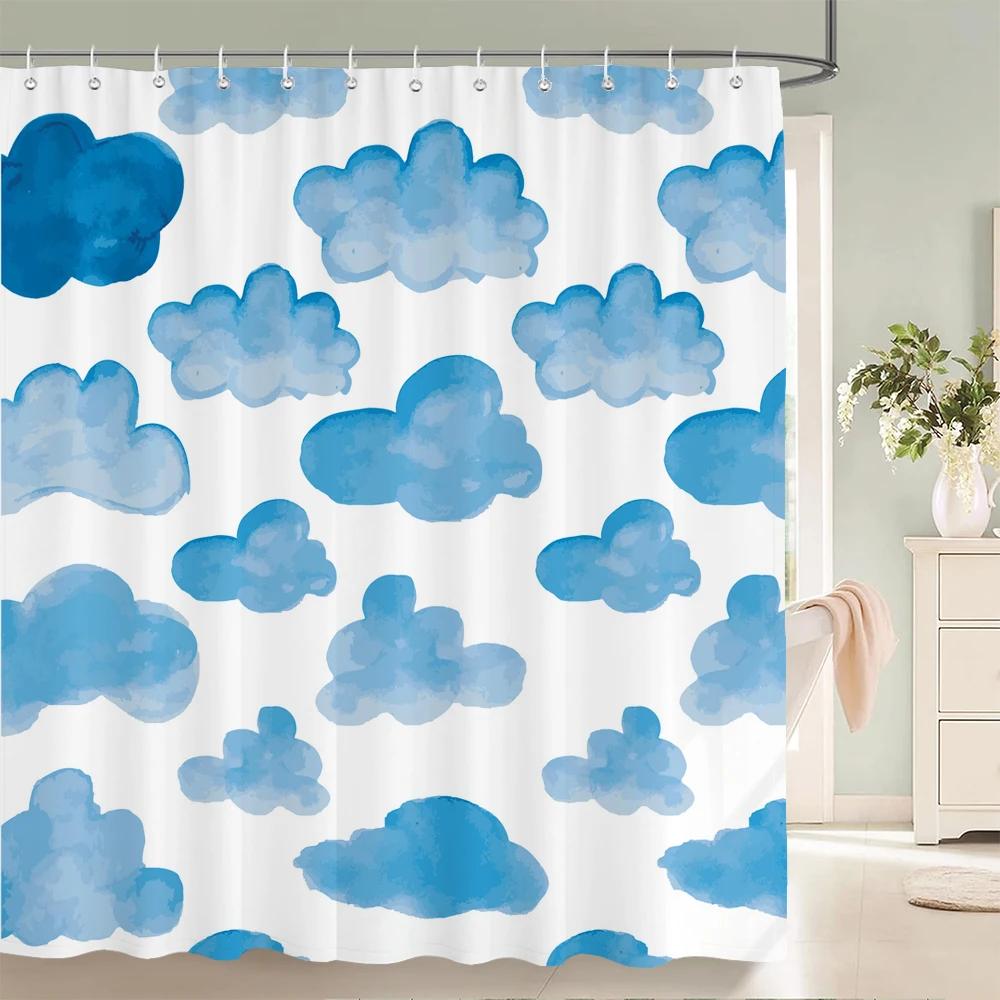 Watercolor Clouds Sky Scenery Shower Curtains Waterproof Fabric Bath Curtains For Bathroom Bathtub Bathing Cover With Hooks