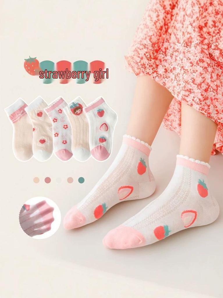 5 Pairs of Breathable Mesh Mid-Calf Lace Socks for Baby Girls - Perfect for Spring/Autumn