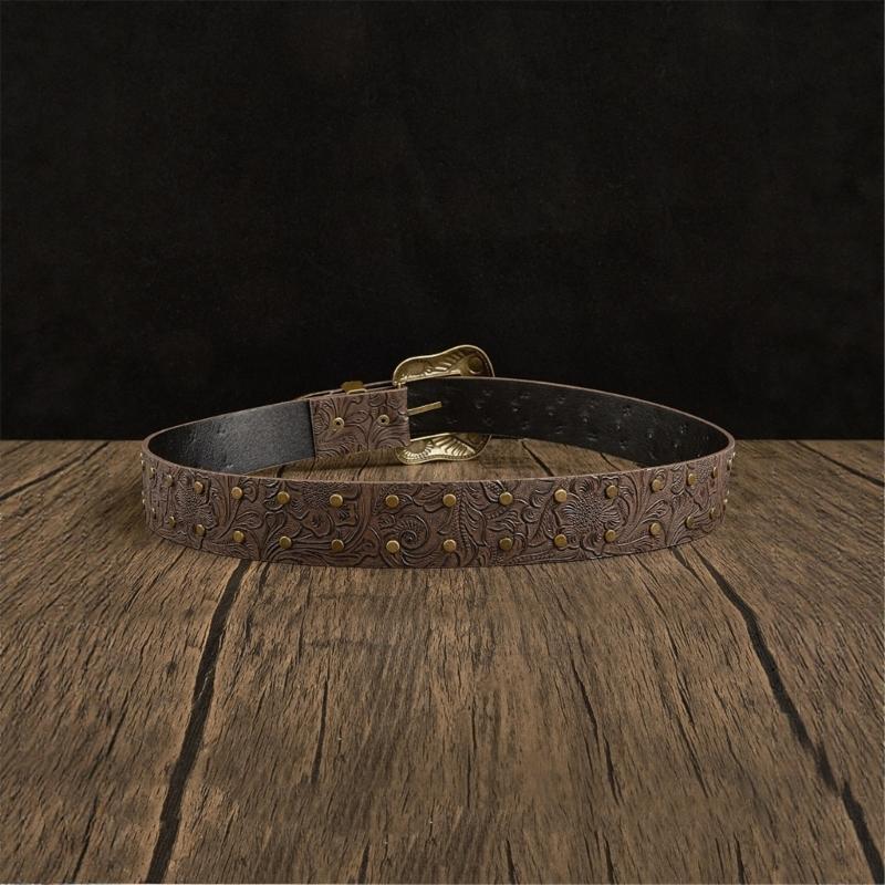 Western Engraved Leather Belt Adjustable Waistband Durable PU Material For Men Women