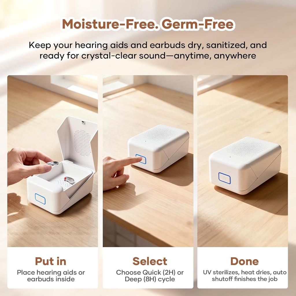 Hearing Aid Dryer – 40 ℃   Constant Heat Dehumidifier with UV LED, 8 Hour Auto Dry Modes – Portable Dry Box for Hearing Aids