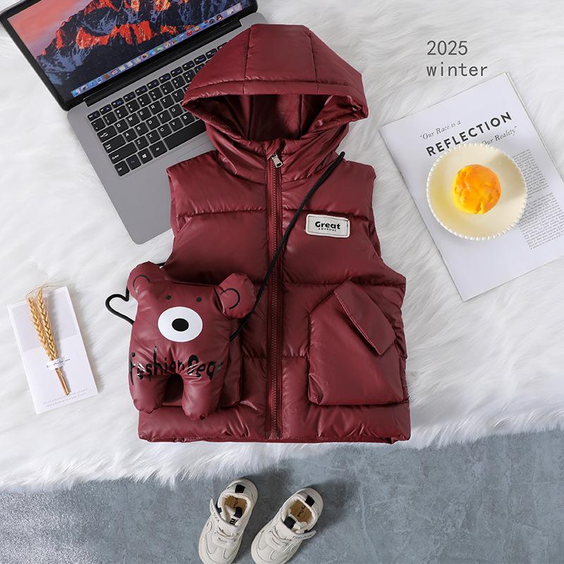 Backpack-ear Children's Down Cotton Vest, Autumn and Winter Thick Outerwear Hooded Vest for Boys and Girls