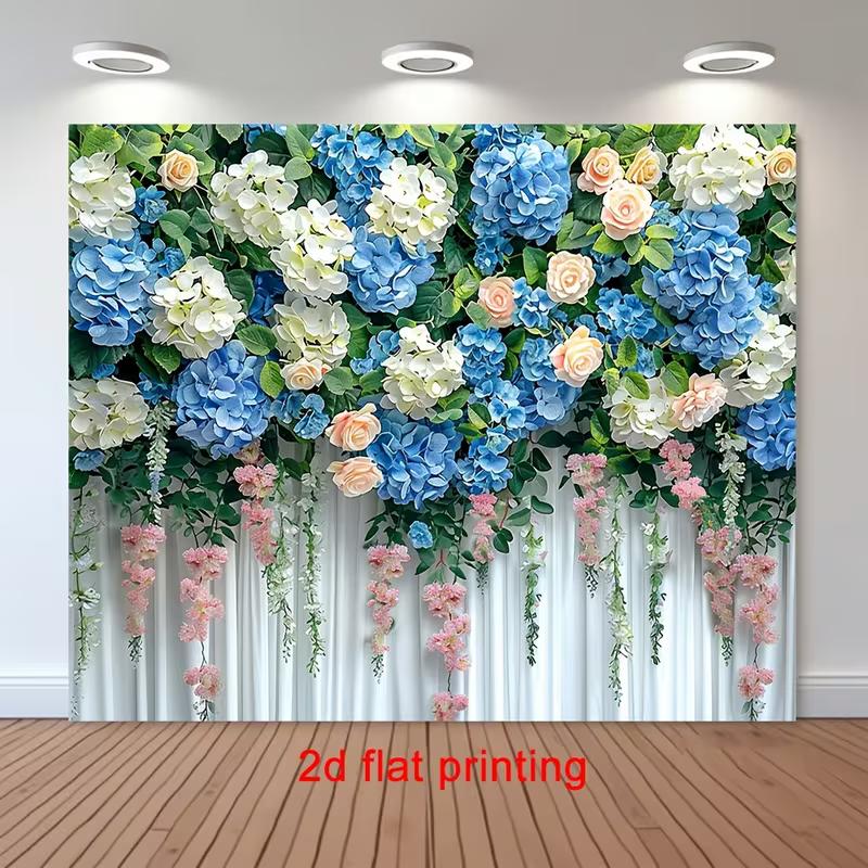 2D White Curtain Floral Backdrop with Hanging Pink Blooms Photo Booth Banner