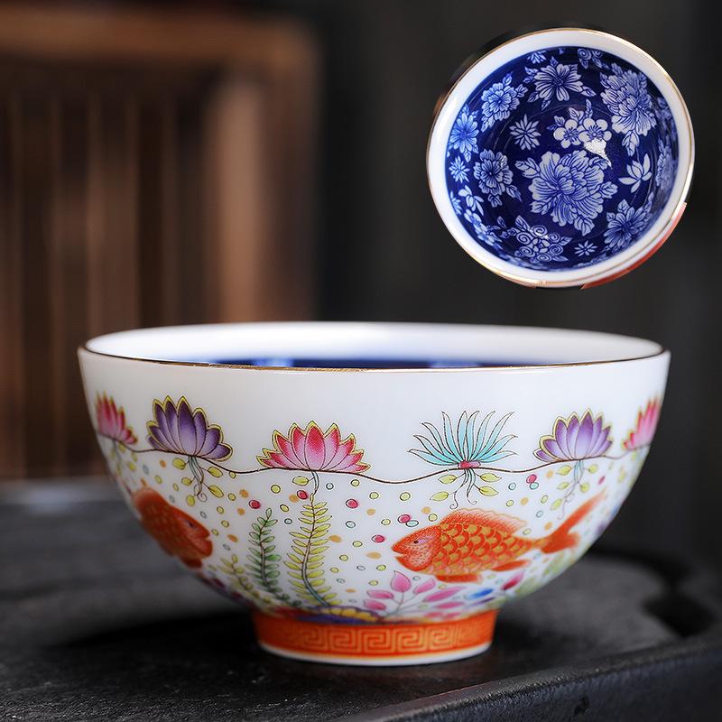 Ceramic Enamel Color Tasting Single Blue and White Douli Japanese Style Filigree Tea Bowl Kung Fu Master Cup Gift Bo