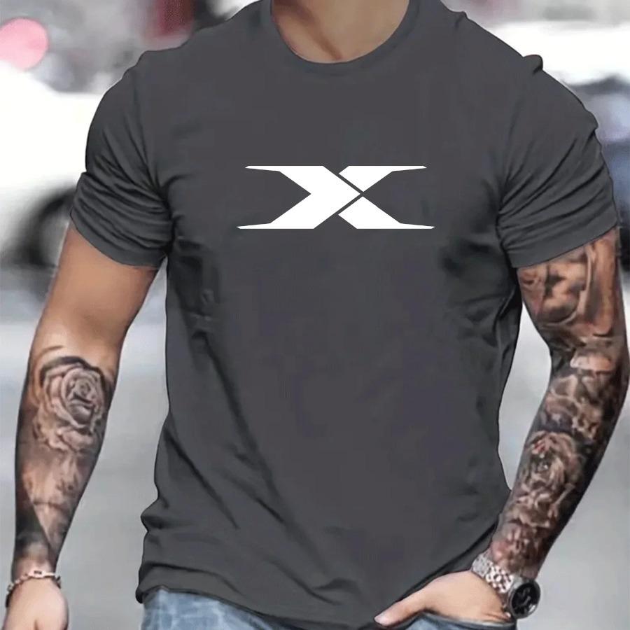 Cotton Summer Men's 100% Cotton Casual Loose Fit Large X Letter Print Round Neck Short Sleeved T-shirt Top High Street Unisex Style