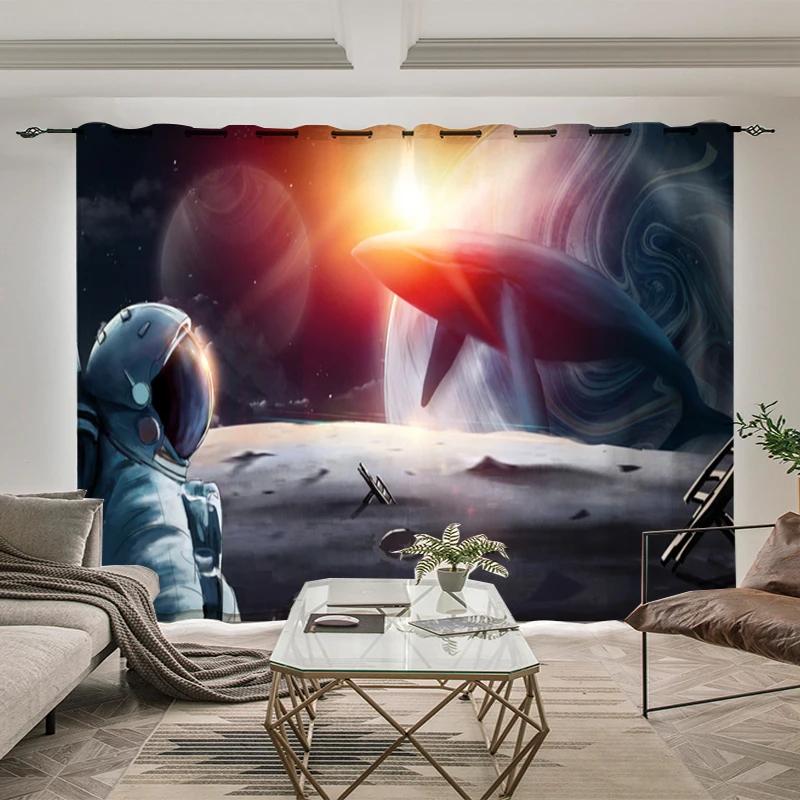 Outer Space Astronaut Pattern High Blackout Curtains Whale Planet Sci-Fi Indoor Shading Drape Children Bedroom Curtain New Style