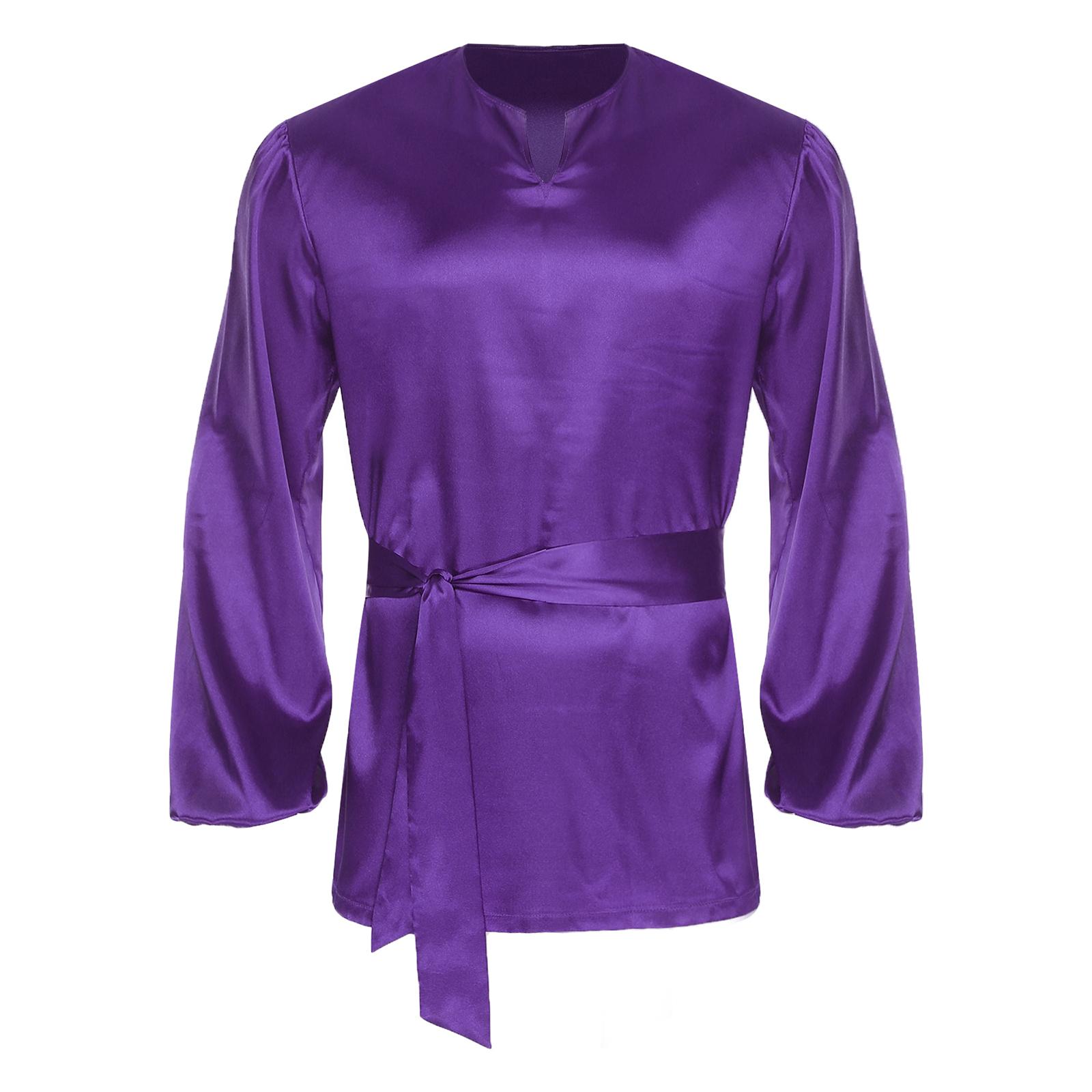 

Mens Worship Shirt Silky Long Sleeve Satiny Pullover Loose Blouse Belt Included Lyrical Dance Ballet Top L фіолетовий