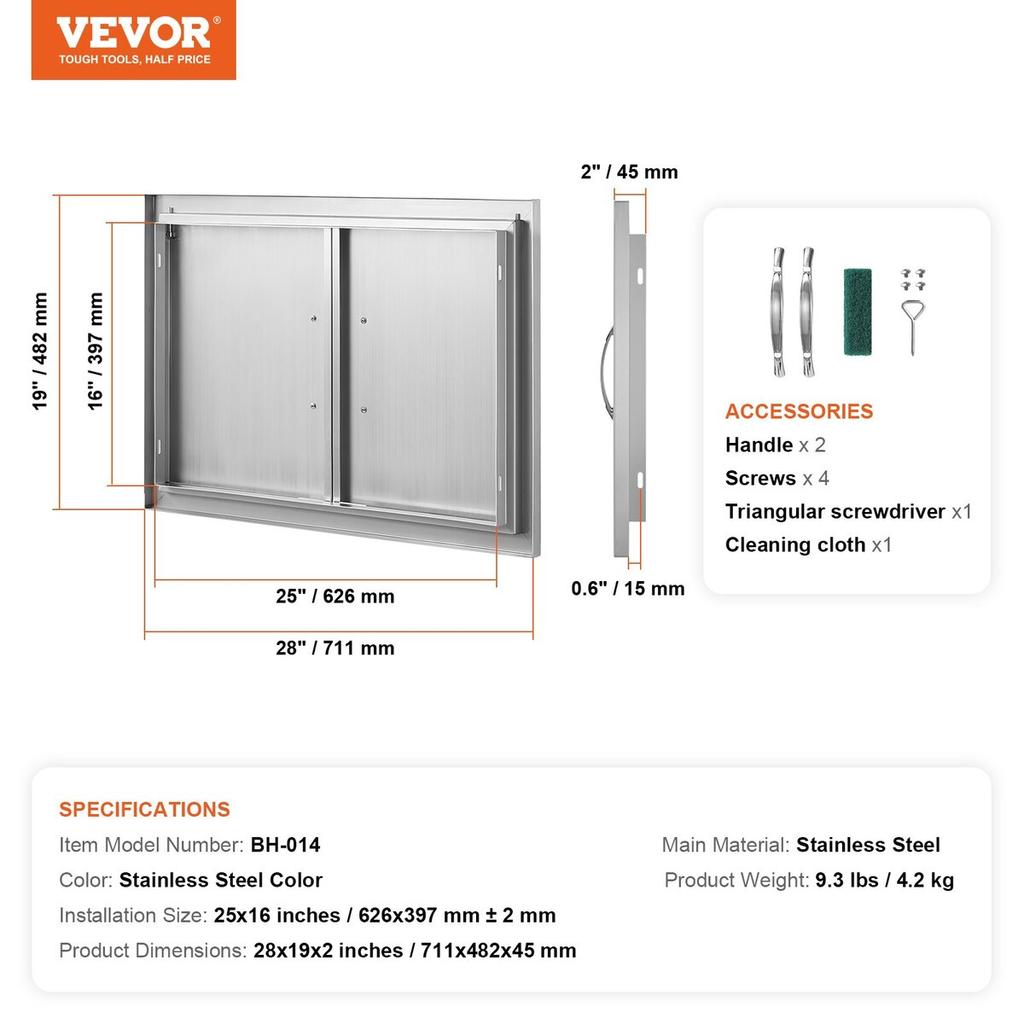 BBQ Access Door, 711x482 Mm Double Outdoor Kitchen Door, Stainless Steel Flush Mount Door, Wall Vertical Door with Handles, for BBQ Island, Grilling