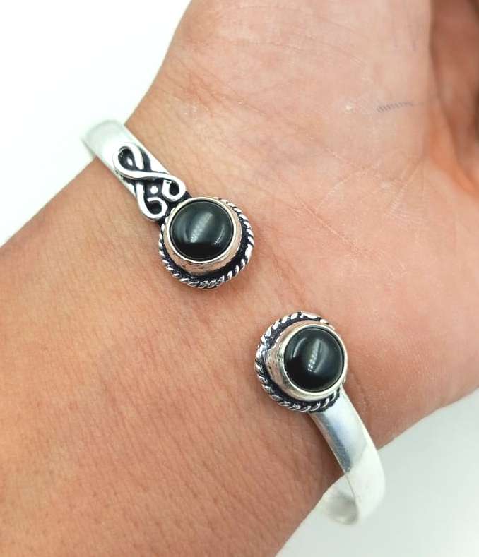 Black Onyx Gemstone 925 Sterling Silver Plated Adjustbable Cuff Bangle FTRW-C49