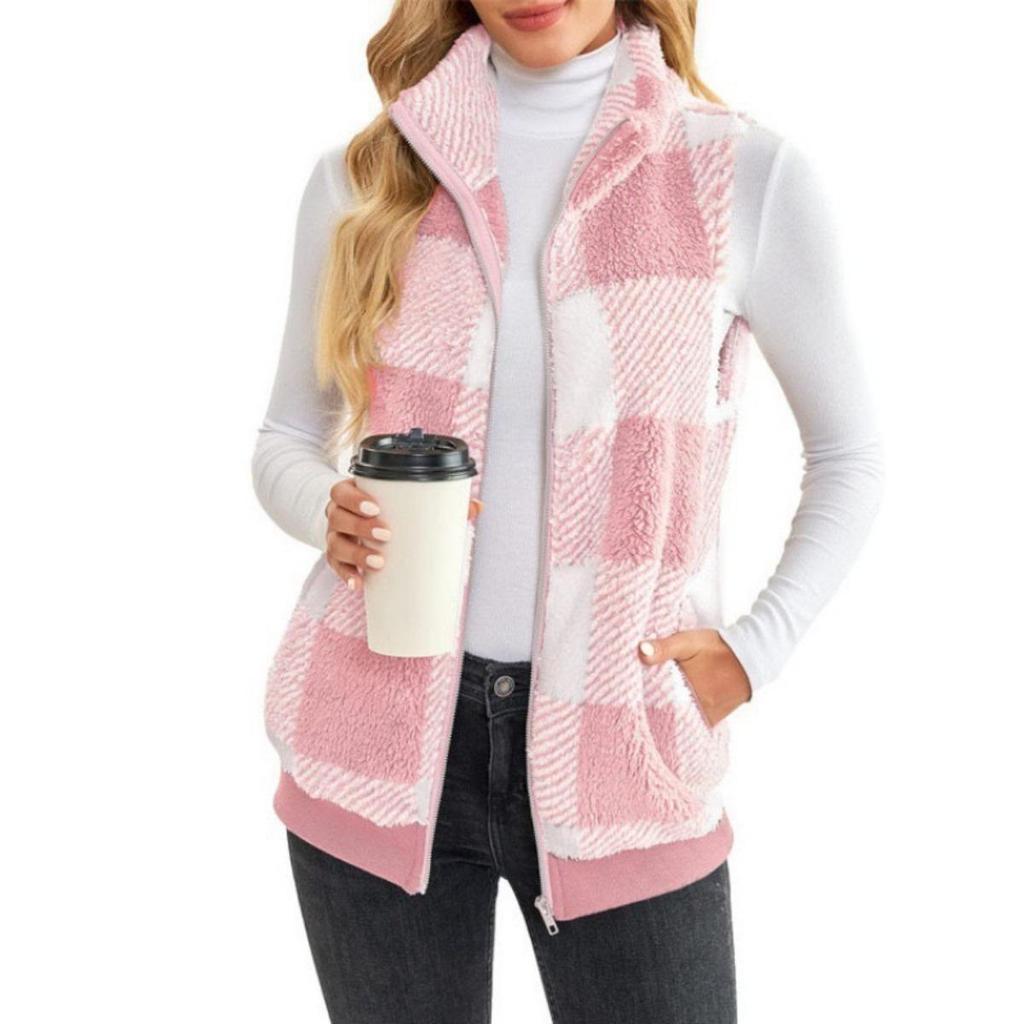 New Women's Plaid Fleece Cardigan Vest - Stand Collar Sleeveless Outerwear for Ladies - Comfortable Casual Jacket