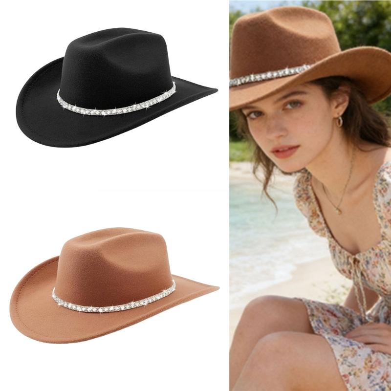 Sparkling Rhinestones Belt Western Cowboy Hats In Comfortable Woolen For Music Festivals And Outdoor Adventures