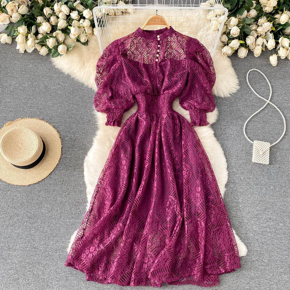 Vintage Frauen Spitzenkleid Frühling Herbst Puffärmel Hohe Taille Party Robe Weiblich Elegant Grün Lila Midi Kleider