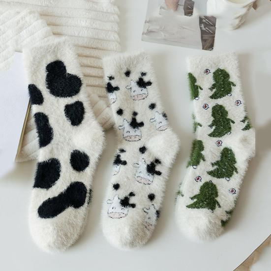 1 para zimowych skarpetek podłogowych z nadrukiem w postaci krowy z dinozaurem w kolorze dopasowanym do grubego polaru, środkowa rurka, antypoślizgowa, elastyczna, ciepła, miękka, ochrona kostki, skarpetki damskie
