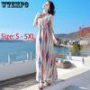 Summer Women's Plus Size Dress Long Chiffon Striped Floral Dress Waist-skimming Temperament Beach Dress Loose Print Floral Dress