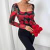 Women S French Style Rose Floral Mesh Print Sexy U Neck Long Sleeve T Shirt