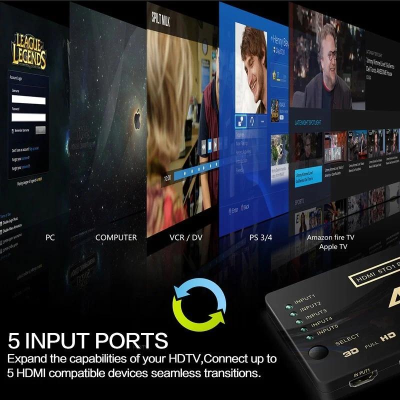 5 In 1 Out HDMI Switcher 4K Ultra HD 1080p Full HD 3D Auto Switch Box Audio Video Adapter for TV PC Laptop Streaming Devices