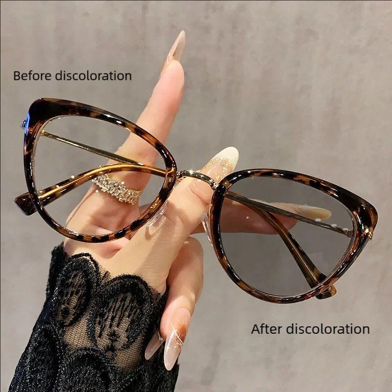 Cat's Eye Myopia Trendy Metal Retro High-end Non-face Light-sensitive Color-changing Mirror Myopia Glasses 038