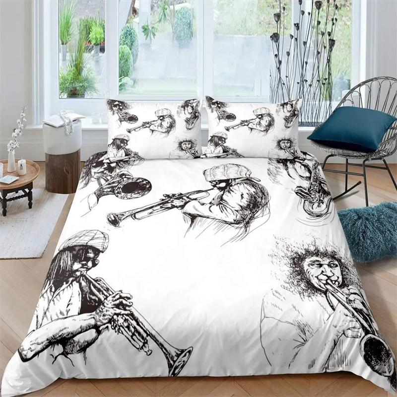 

Саксофон Пододеяльник Комплект Вращающиеся Музыкальные Ноты Постельное Белье Музыкальный Инструмент Ретро Джаз Музыка Тема Двойное Одеяло Покрывало Для Детей 135x200cm 2pcs