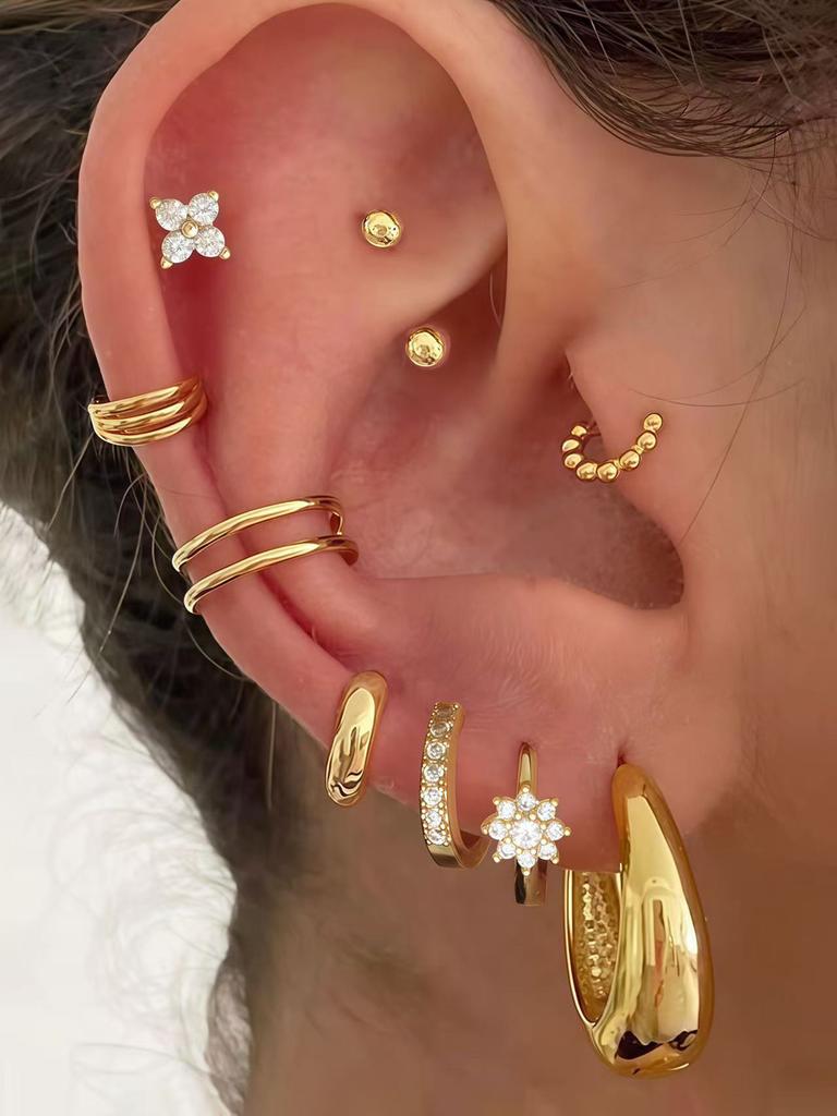 10pcs Retro Fashion Cube Zirconia Clover Star Earclip Hip Hop Women's Earrings Party Ball Jewelry
