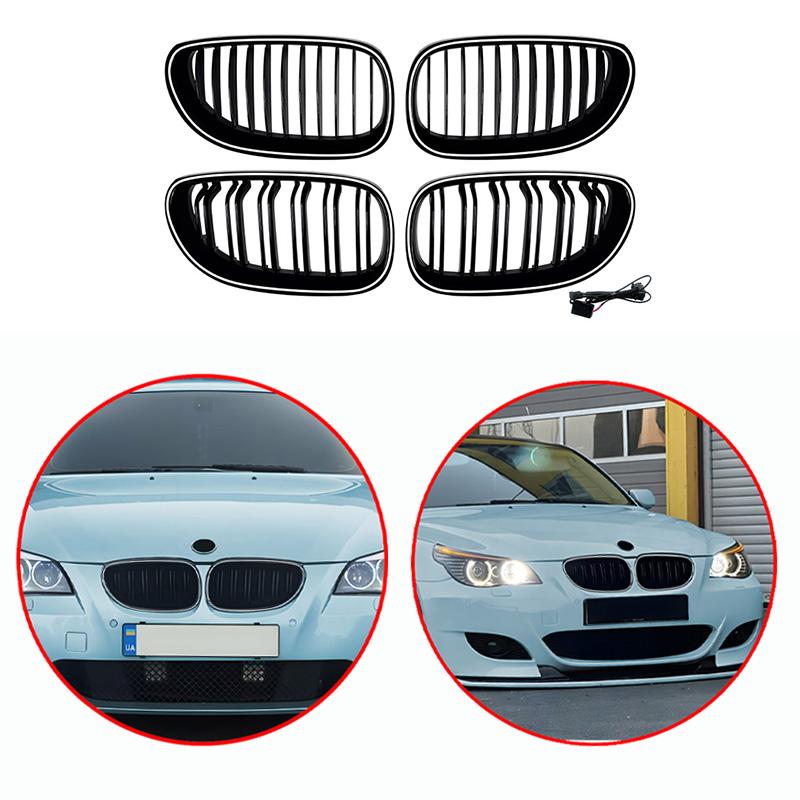 For BMW 5 Series E60 E61 2004-2010 High Quality ABS Single Line & Double Lines LED Kidney Grille Front Racing Grills Gloss Black