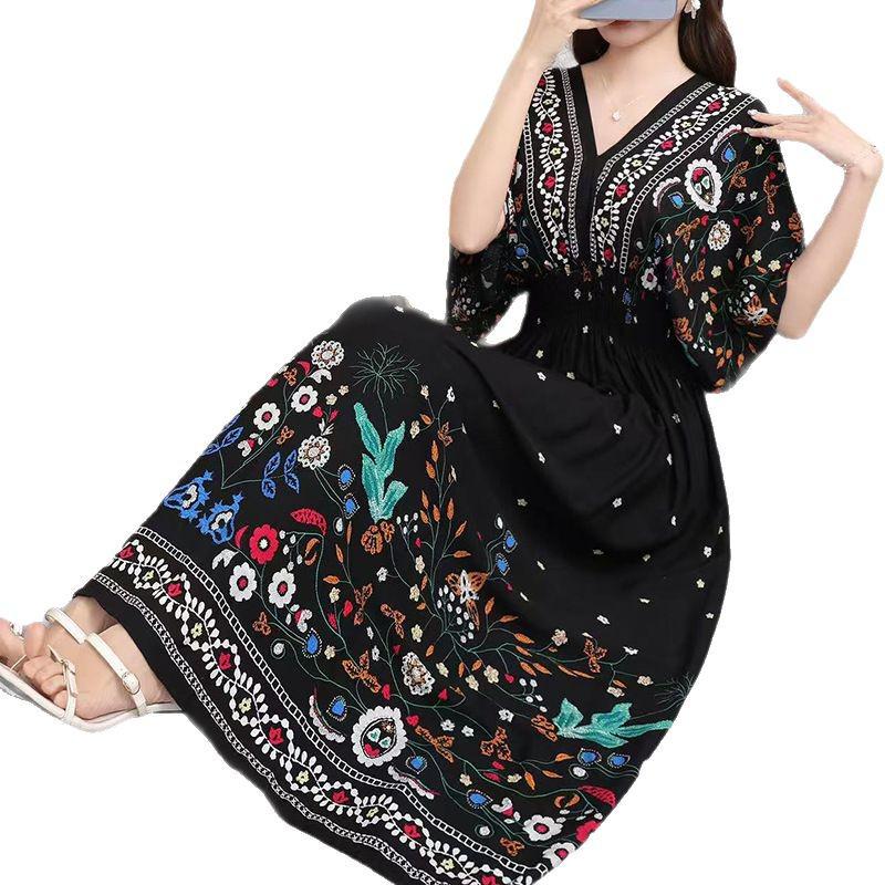 25th Anniversary Ethnic V-Neck Rayon Short Sleeve French-Thai Print Holiday Dress for Women