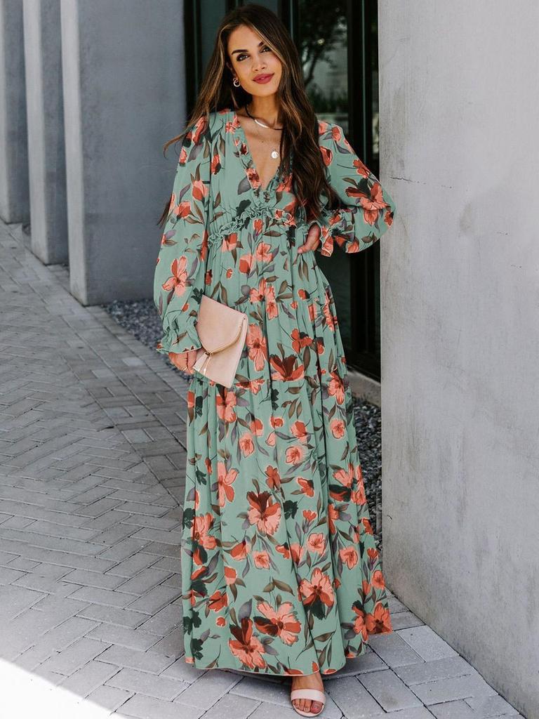 2025 Women's Fashion Long Sleeve Evening Dress - European & American Print Design
