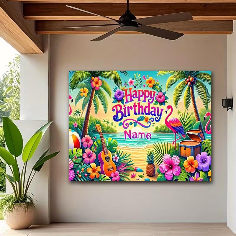 2D Customizable Name Tropical Flamingo Birthday Backdrop Beach Palm Tree Background Banner for Kids Party