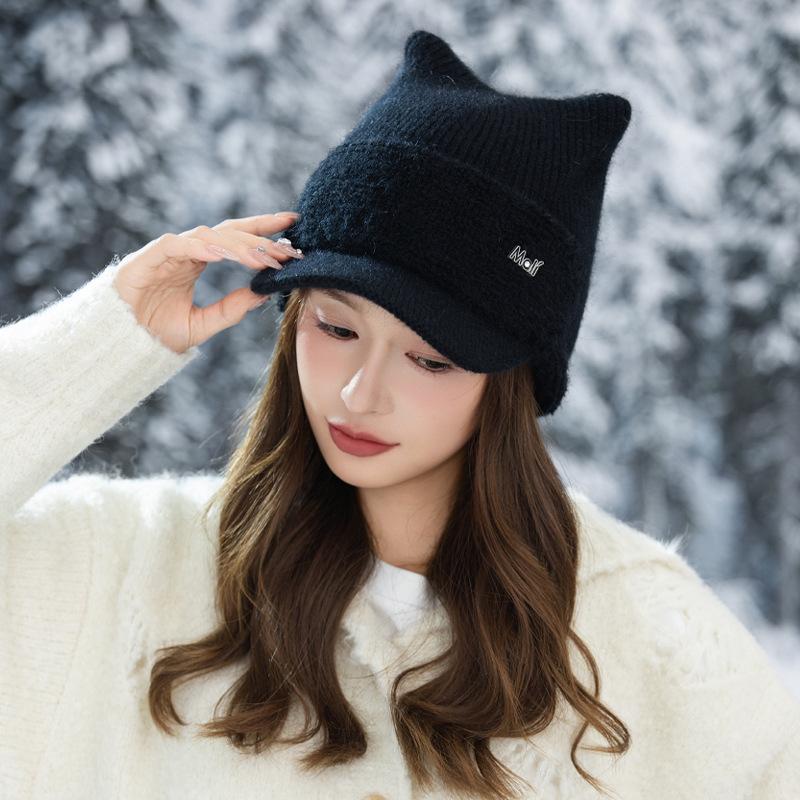 Winter Cat Ear Hat for Women with Plush Velvet Thickened Cold Proof Wool Hat Warm Ear Protection Knitted Casual Versatile Baseball Cap