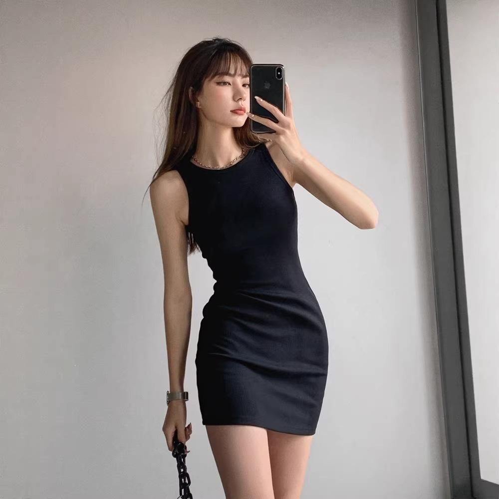 Real Spring and Summer New Slim-fitting Sleeveless Vest Dress Black Hip-wrapped Dress Women's Slimming Suspender Dress