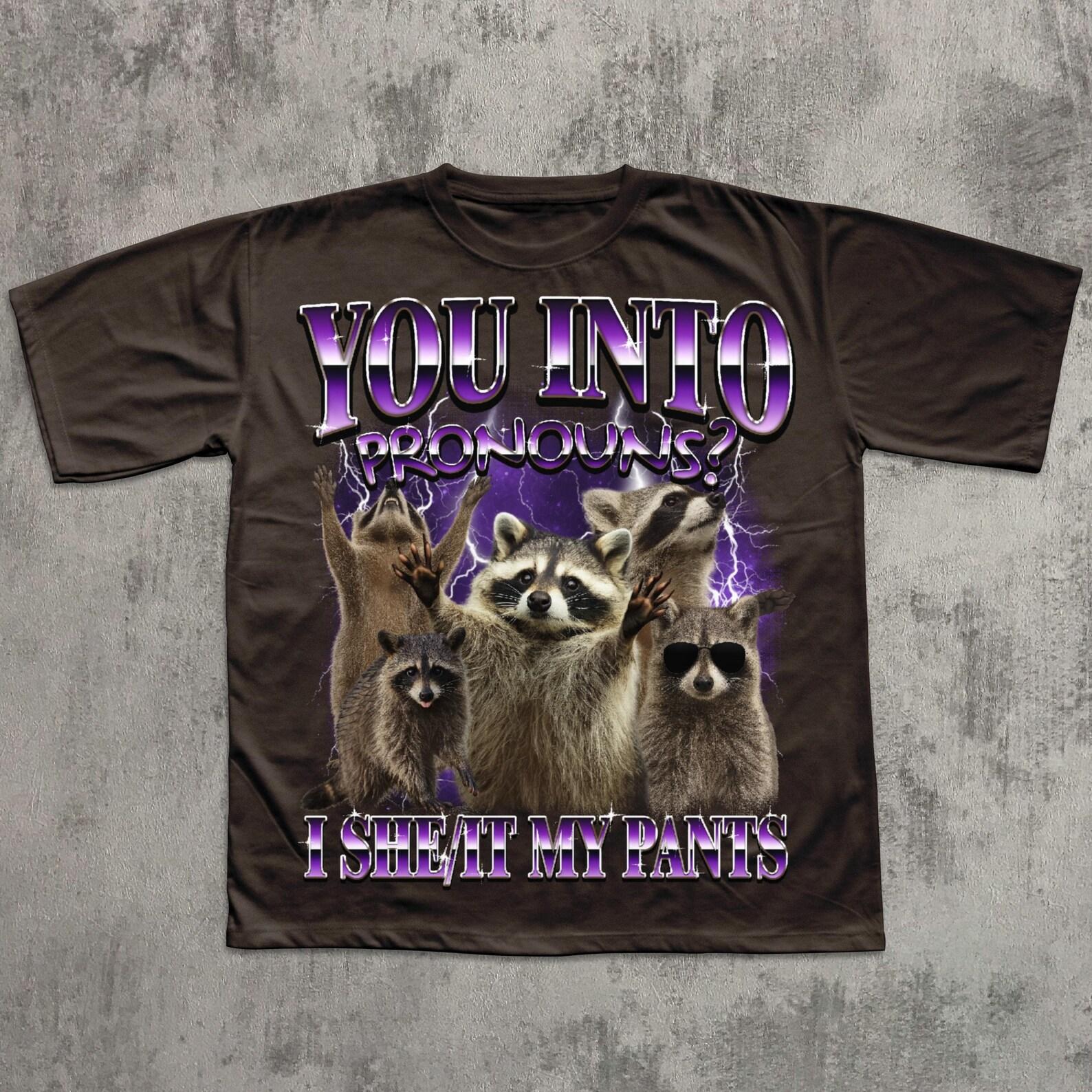 You Into Pronouns I she it my pants T shirt, Funny Raccoon Shirt, Unhinged Clothes, Weird T shirt, Silly Shirts, Meme Tee XL