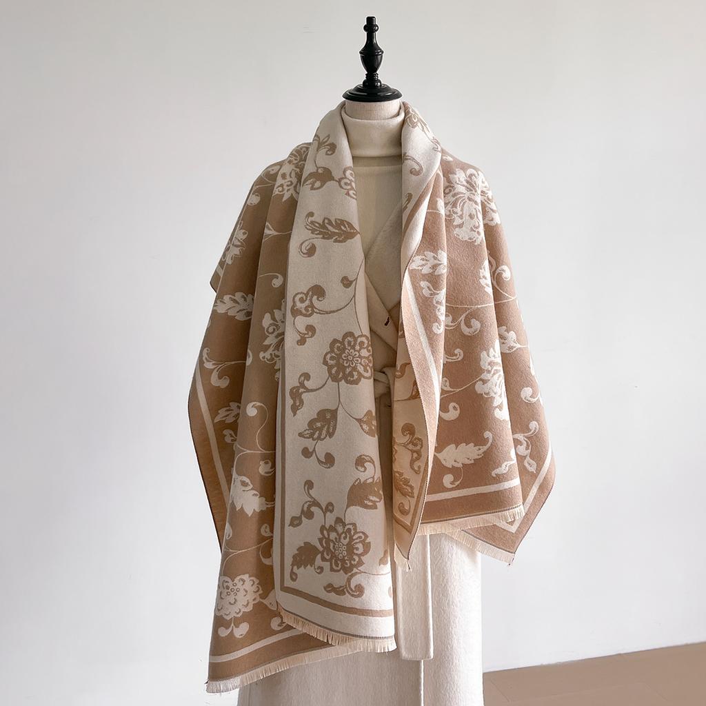 Women's Warm Faux Cashmere Scarf Winter Thick Patterned Cashew Flower Blanket Scarf Fashionable Luxurious