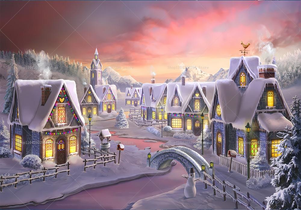 Winter Christmas Village Background Home Decoration Photography Studio Background New Year Snow Town Mountains Background