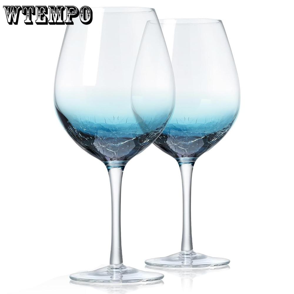 2pcs Handmade Blue Crackle Wine Glasses Large Crystal Burgundy Wine Glass Cup with Stem Red White Wine Goblet Tumbler Aesthetics Glassware Collection