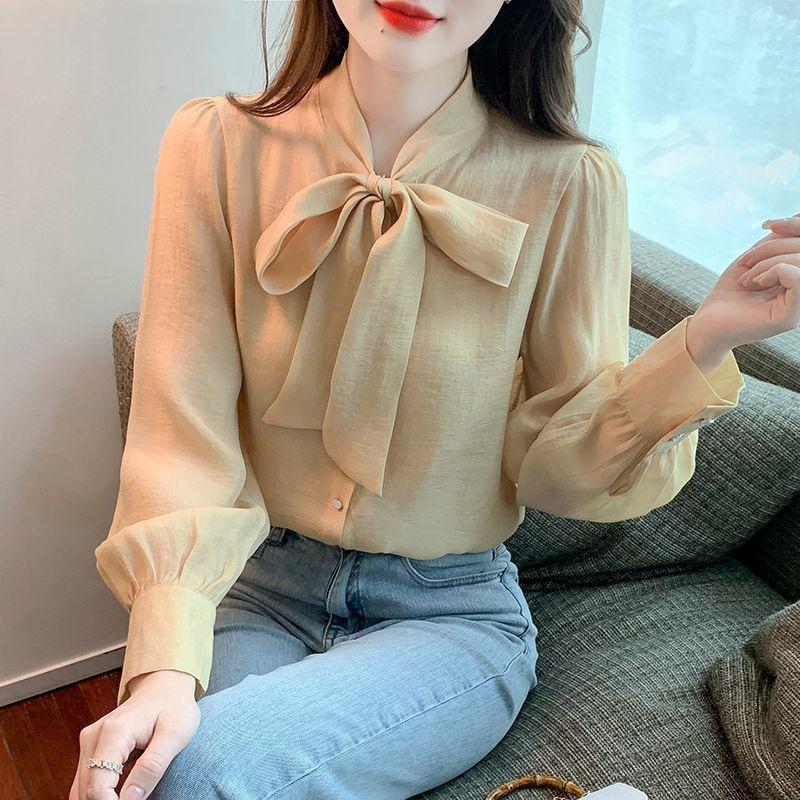 A Bow-knot Chiffon Long-sleeved Shirt for Women, A Versatile and Stylish Small Blouse for Autumn