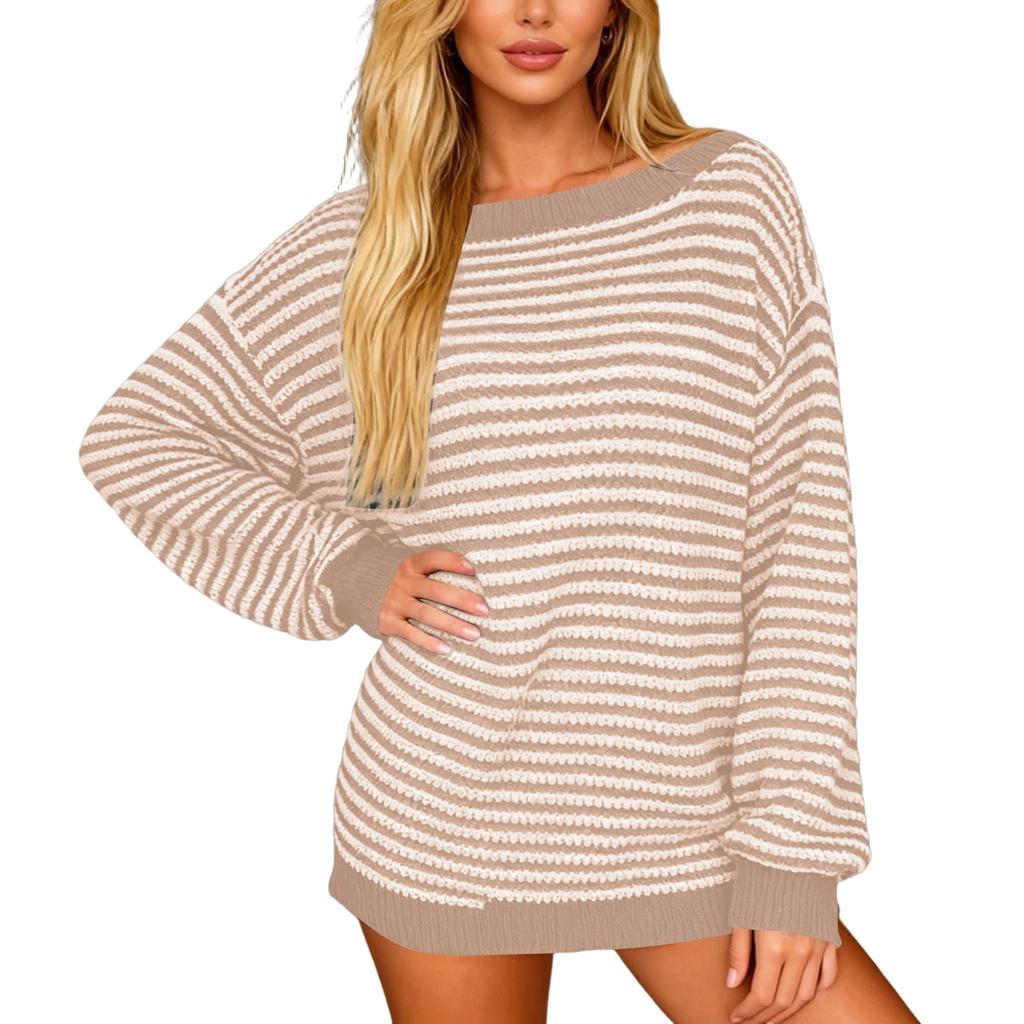 Women's Casual And Stylish Off,the,shoulder Striped Sweater With Dropped Sleeves And A Versatile Pullover Design.