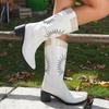 Women's Chunky Block Heels Cowboy Boots Wide Mid Calf Pointed Toe Non-Slip Embroidered Cowgirl Boots for Women Pull On Comfortable Western Booties