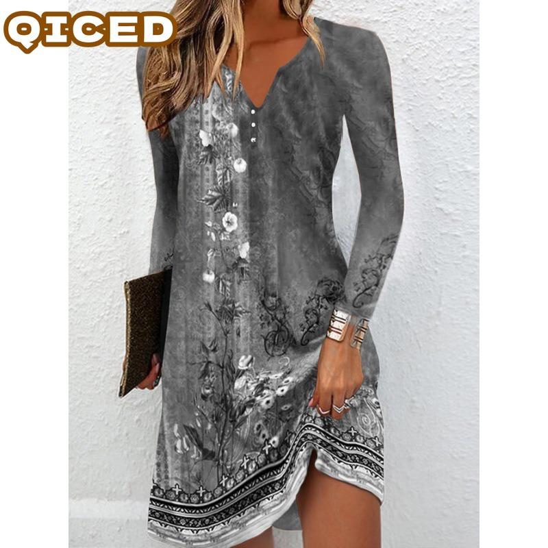 QICED Fashion Autumn Winter Long Sleeve V-Neck Casual Dresses