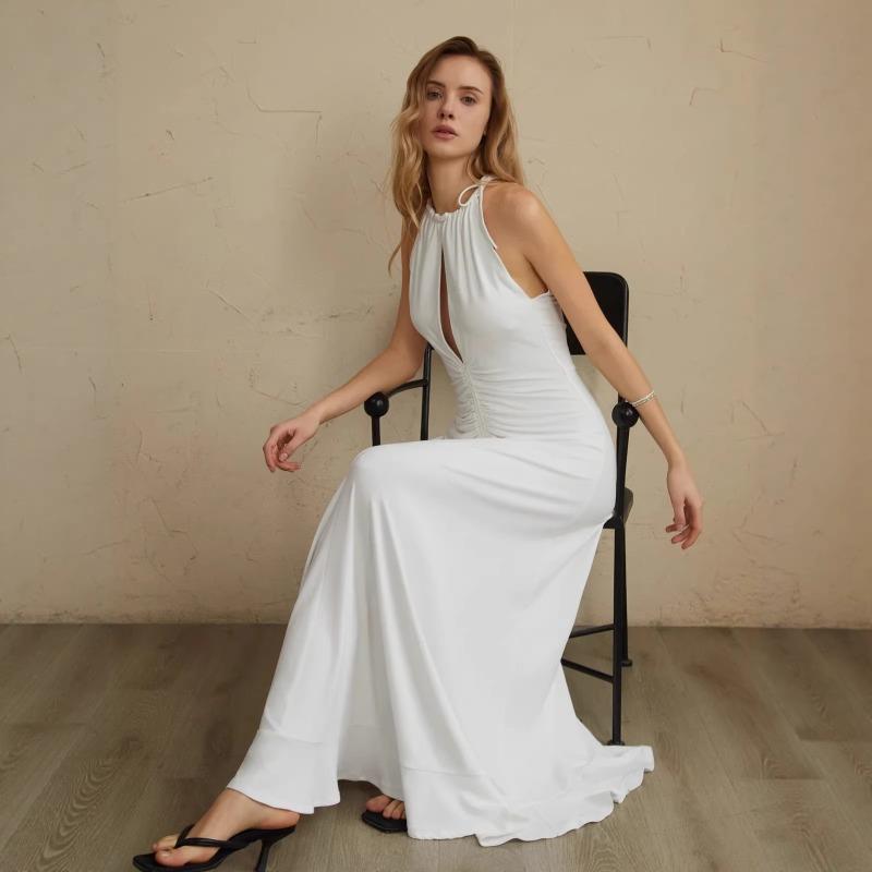 New Dress European and American Fashion Slim Slim Pleated Long Skirt Solid Color Women's Summer Dress Long Skirt