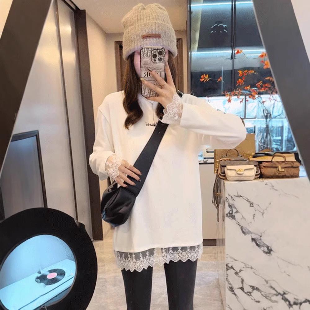

Women s Spring 2025 Lace-Trimmed Mid-Length Long Sleeve Top M